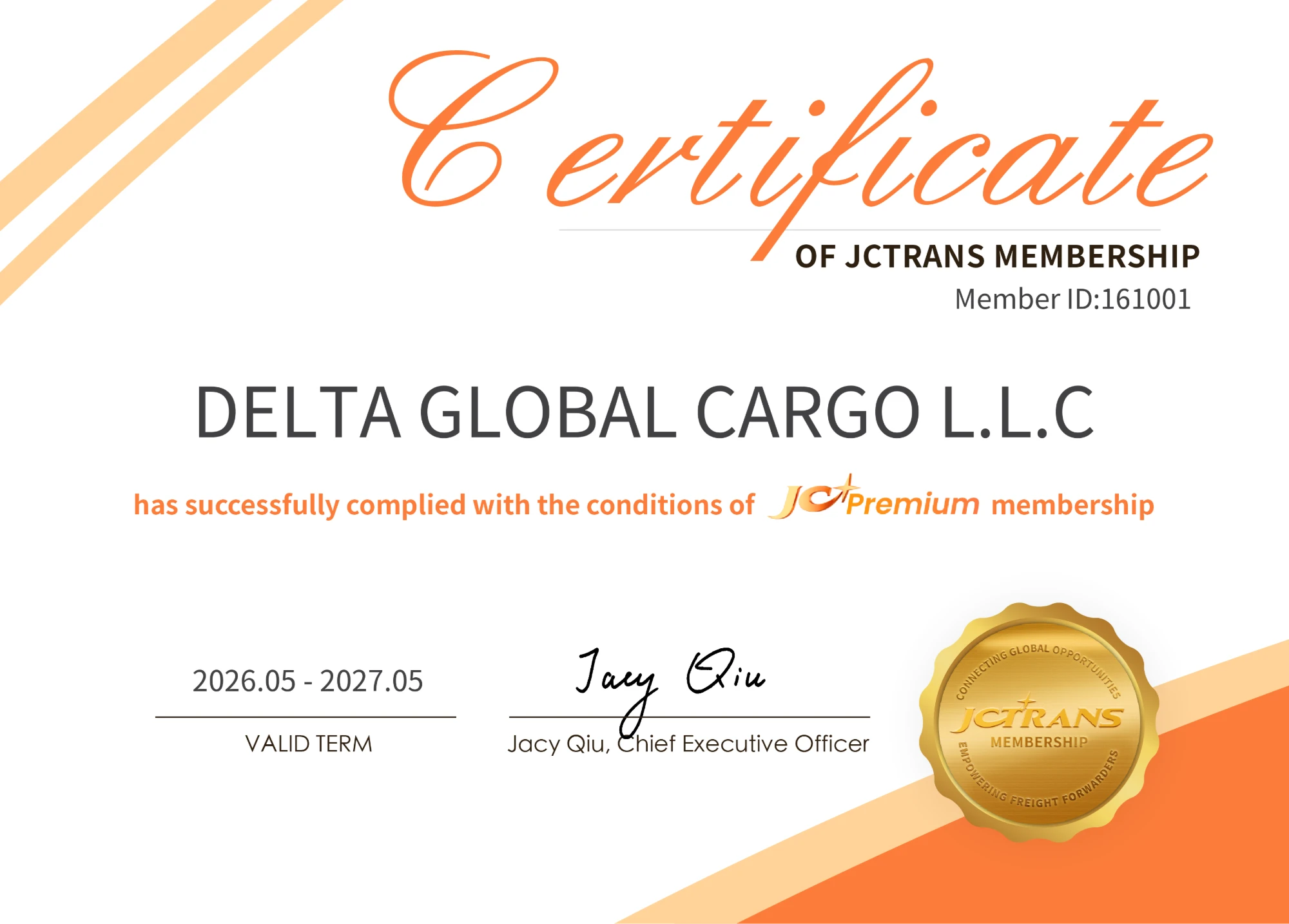 JCTRANS Premium Membership Certificate - Delta Global Cargo LLC (Member ID 161001)